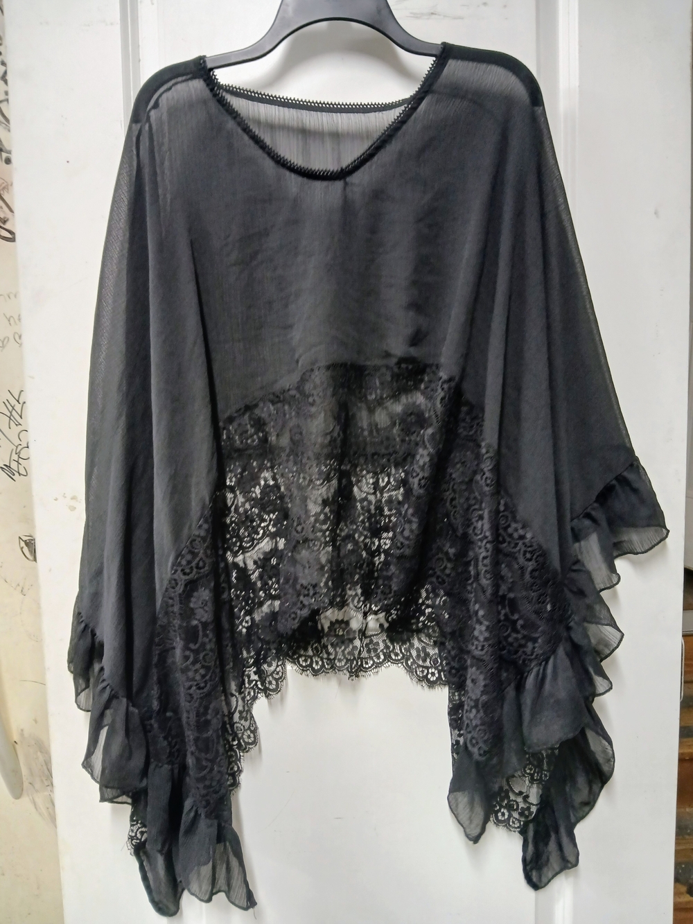 Women's Black Lace-Trim Sheer Poncho Top